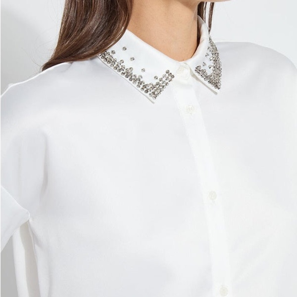 NWT Lysse Aurora Beaded Satin Shirt Off White, M